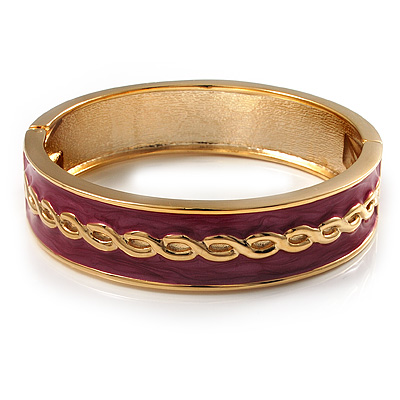 Pink Ornamental Enamel Hinged Bangle Bracelet (Gold Tone)