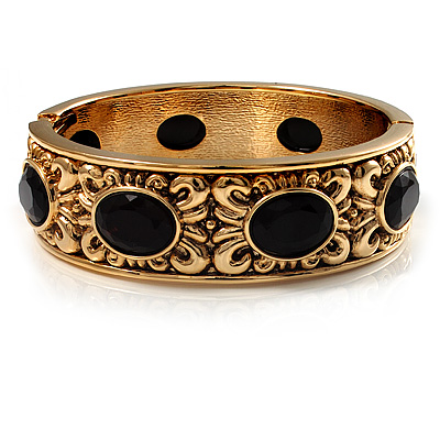 Vintage Inspired Ornamental Hinged Bangle Bracelet (Gold Tone) - main view
