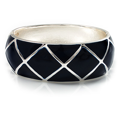 Wide Navy Blue Enamel Ornamental Hinged Bangle Bracelet (Silver Tone) - main view