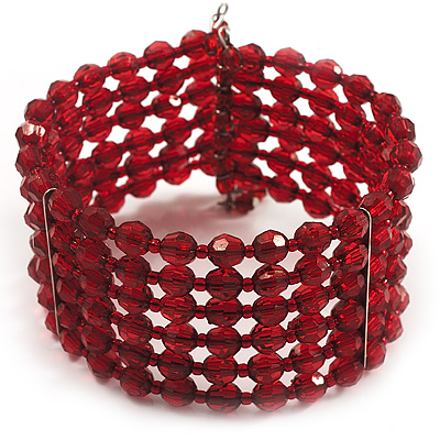 6 Strand Red Acrylic Bead Cuff Bracelet (Silver Tone Metal) - main view