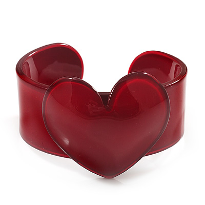 Burgundy Red Acrylic Heart Cuff Bangle - main view