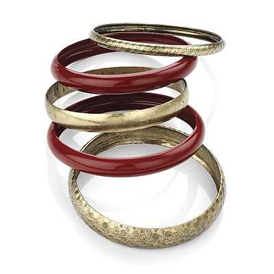 Set Of 5 Pcs Bronze Metal Smooth & Hammered Bangle (Red) - main view