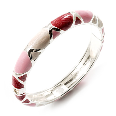 Pale Pink & Light Cream Enamel Hinged Bangle Bracelet (Silver Tone) - main view