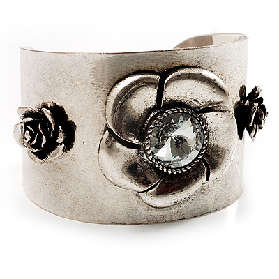 Vintage Wide Rose Cuff Bangle (Antique Silver) - main view