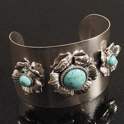 Vintage Wide Turquoise Stone Flower Cuff Bangle (Antique Silver) - main view
