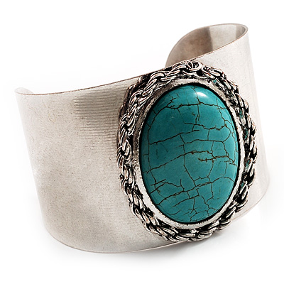 Vintage Wide Turquoise Oval Cuff Bangle (Antique Silver) - main view