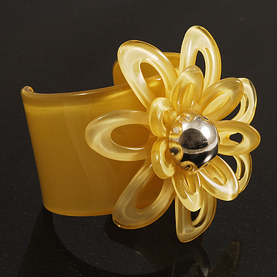 Bright Yellow Wide Acrylic Floral Cuff Bangle - main view