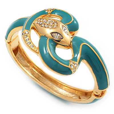 Gold Plated Crystal Turquoise Coloured Enamel Hinged Snake Bangle Bracelet - main view