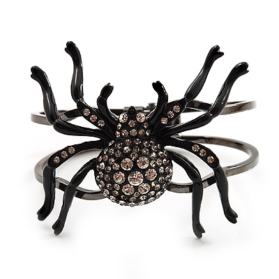 Gun Metal Crystal Spider Hinged Bangle Bracelet - main view