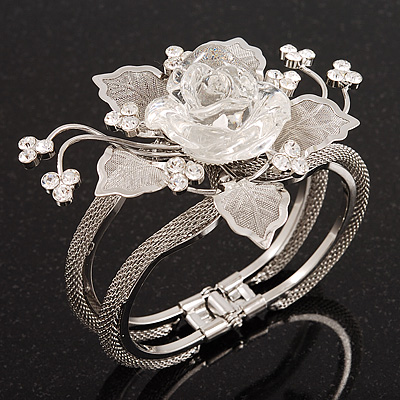 Chic Transparent Resin Diamante Rose Hinged Bangle Bracelet (Silver Tone Finish) - main view