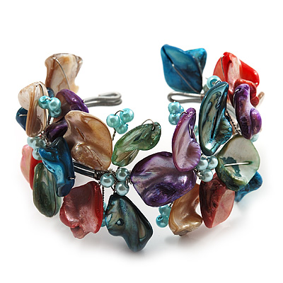 Multicoloured Floral Shell & Simulated Pearl Cuff Bracelet (Silver Tone) - main view