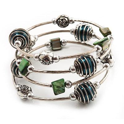 Silver-Tone Beaded Multistrand Flex Bracelet (Forest green) - main view