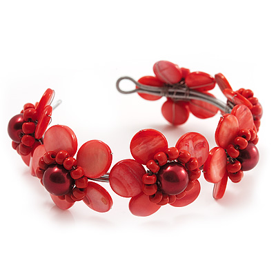 Coral Red Floral Shell Flex Cuff Bracelet