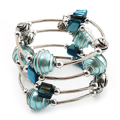 Silver-Tone Beaded Multistrand Flex Bracelet (Light Blue) - main view