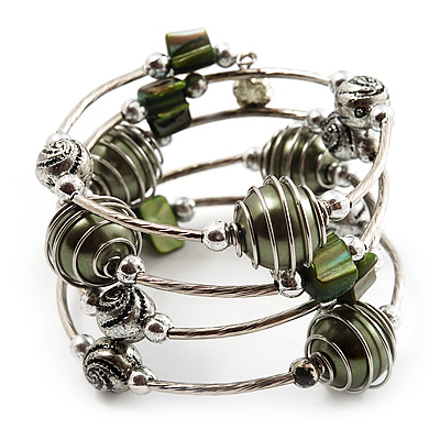 Silver-Tone Beaded Multistrand Flex Bracelet (Olive Green) - main view
