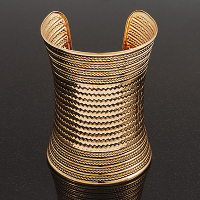 Wide Gold Textured Egyptian Style Cuff Bangle - 10cm Width - main view