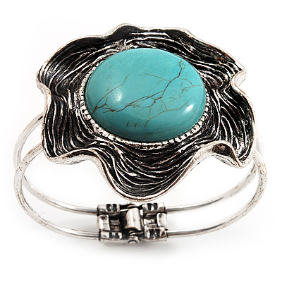 Turquoise Stone Flower Hinged Bangle Bracelet (Antique Silver) - main view