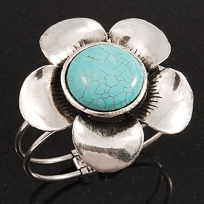Large Turquoise Stone Flower Hinged Bangle Bracelet (Antique Silver) - main view