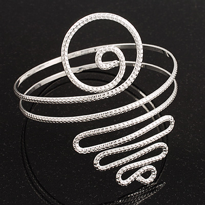 Silver Plated Textured 'Spiral' Upper Arm Bracelet Armlet - main view
