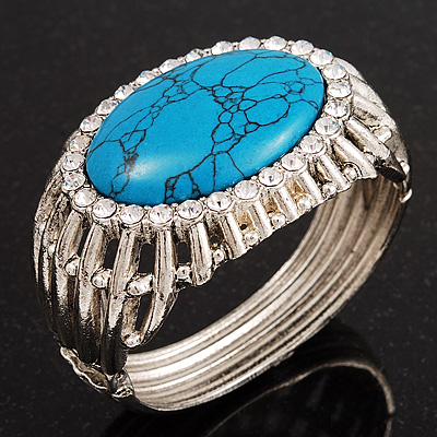 Vintage Oval Shape Turquoise Stone, Crystal Hinged Bangle Bracelet