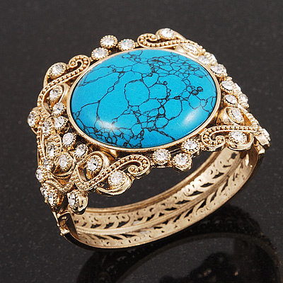 Victorian Gold Crystal, Turquoise Stone Hinged Bangle Bracelet - main view