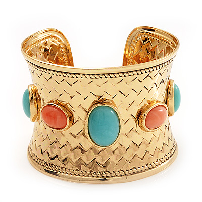 Wide Gold Plated Coral & Turquoise Coloured Acrylic Bead Cuff Bangle - 19cm Length - main view