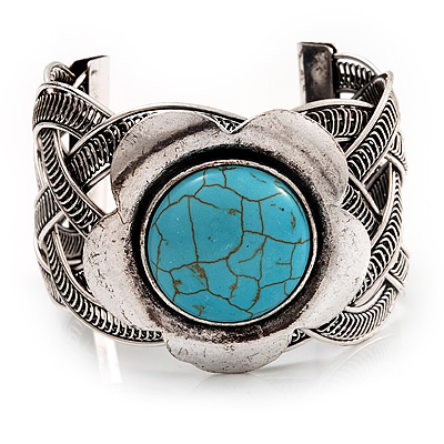 Vintage Turquoise Stone Flower Cuff Bracelet In Antique Silver Metal - Adjustable - main view