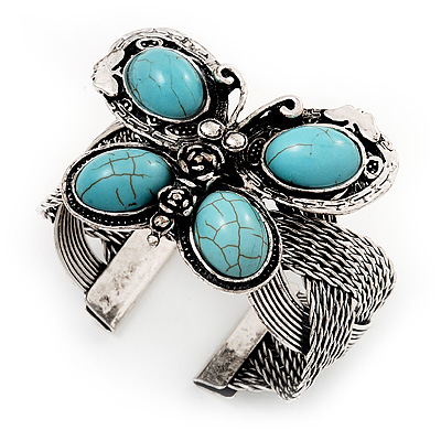 Vintage Turquoise Bead Butterfly Cuff Bracelet In Antique Silver Metal - Adjustable - main view