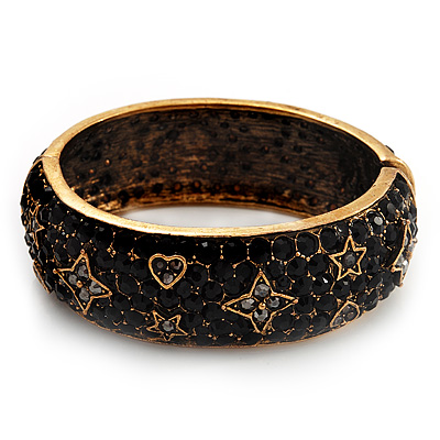 Jet Black 'Heart & Star' Swarovski Crystal Hinged Bangle Bracelet In Antique Gold Metal -19cm Length - main view