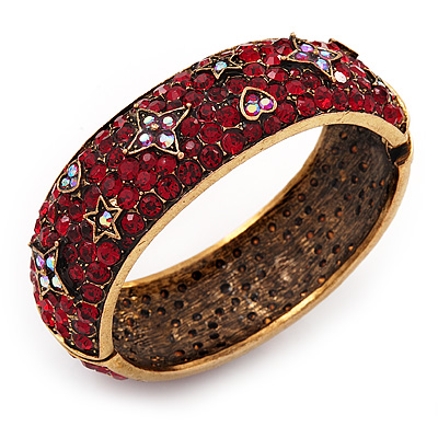 Burgundy Red 'Heart & Star' Swarovski Crystal Hinged Bangle Bracelet In Antique Gold Metal -19cm Length - main view