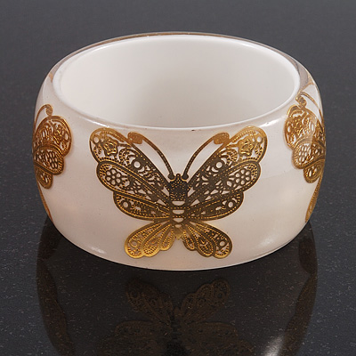 Wide Transparent White 'Butterfly' Chunky Resin Bangle - 19cm Length - main view