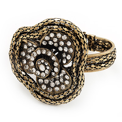 Vintage Mesh Crystal Flower Hinged Bangle Bracelet In Bronze Tone Metal - 18cm Length - main view