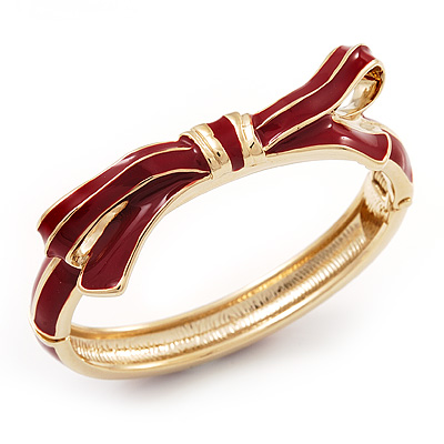 Stylish Dark Red Enamel Bow Hinged Bangle Bracelet In Gold Plated Metal - 18cm Length - main view