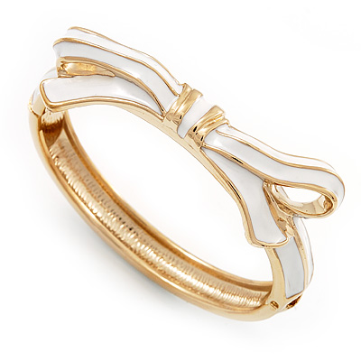 Stylish Snow White Enamel Bow Hinged Bangle Bracelet In Gold Plated Metal - 18cm Length - main view