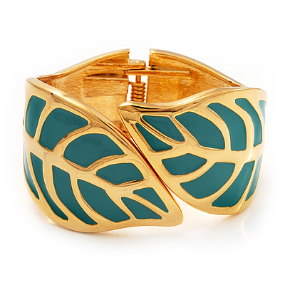 Turquoise Coloured Enamel 'Leaf' Hinged Bangle In Gold Plated Metal - 18cm Length