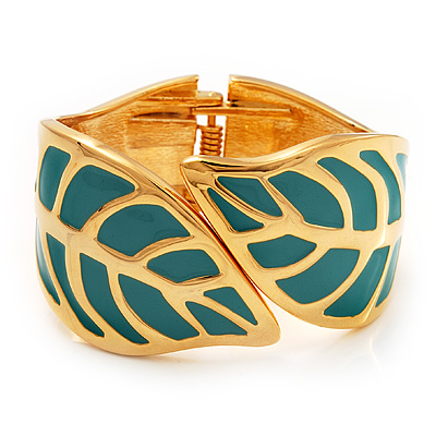 Turquoise Coloured Enamel 'Leaf' Hinged Bangle In Gold Plated Metal - 18cm Length - main view