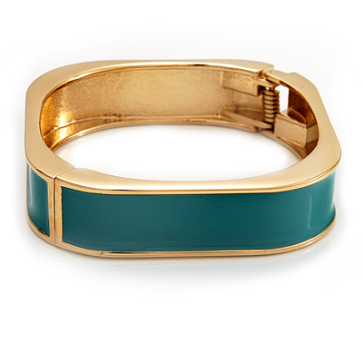 Teal Coloured Enamel Square Hinged Bangle Bracelet In Gold Plated Metal - 18cm Length - main view