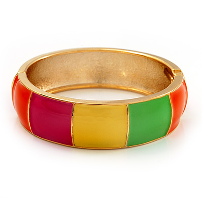 Multicoloured Enamel Hinged Bangle Bracelet In Gold Plated Metal - 18cm Length - main view
