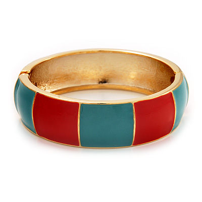 Round Enamel Hinged Bangle Bracelet In Gold Plated Metal (Coral/Light Blue) - 18cm Length - main view
