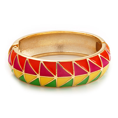 Multicoloured Enamel Oval Hinged Bangle Bracelet In Gold Plated Metal - 18cm Length - main view