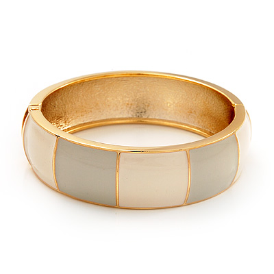 Round Enamel Hinged Bangle Bracelet In Gold Plated Metal (Cream/Beige) - 18cm Length - main view