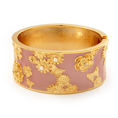 Wide Pink Enamel 'Flower & Butterfly' Hinged Bangle In Gold Plated Metal - 18cm Length - main view