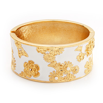 Wide White Enamel 'Flower & Butterfly' Hinged Bangle In Gold Plated Metal - 18cm Length - main view