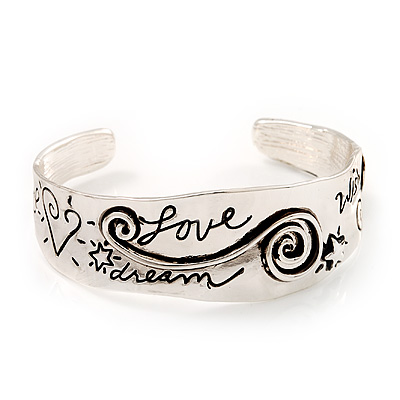 'Love, Peace, Dream, Hope & Wish' Cuff Bracelet In Silver Tone Metal - 18cm Length