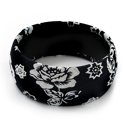 Dark Blue Fabric 'Rose' Bangle Bracelet - Up to 19cm Length - main view