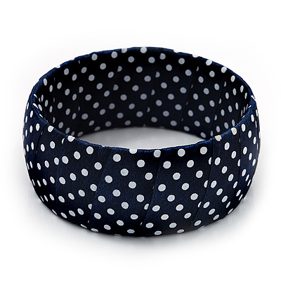 Dark Blue Polka Dot Silk Bangle Bracelet - Up to 17cm Length - main view