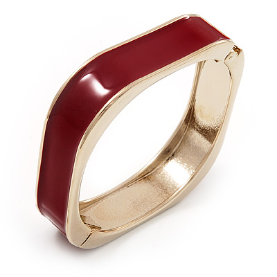 Dark Red Enamel Square Hinged Bangle Bracelet In Gold Plated Metal - 18cm Length - main view