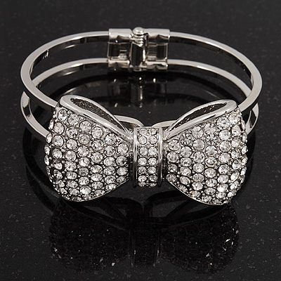 Diamante 'Bow' Hinged Bangle Bracelet In Rhodium Plated Metal - 19cm Length - main view