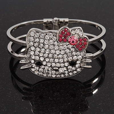 Diamante 'Kitten' With Pink Bow Hinged Bangle Bracelet In Rhodium Plated Metal
