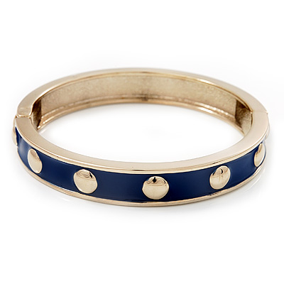 Royal Blue Enamel Gold Studded Hinged Bangle Bracelet - up to 18cm Length - main view